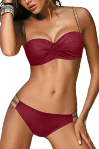 JFAN Damen Bikini Set Push-up Bademode Zweiteilige Bikini Bottom Mit Goldenem Gürtel Klassischer Bikini(Burgundisch,XL) von JFAN