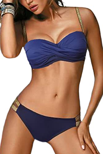 JFAN Damen Bikini Set Push-up Bademode Zweiteilige Bikini Bottom Mit Goldenem Gürtel Klassischer Bikini von JFAN