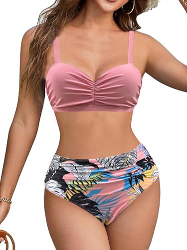 JFAN Damen Bikini Set Rüschen High Waisted Bademode Zweiteiliger Abnehmbaren Trägern Push Up Swimsuit Zurück Krawatte Badeanzug Rosa M von JFAN