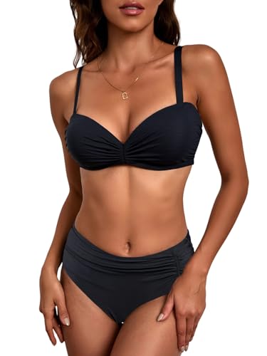 JFAN Damen Bikini Set Rüschen High Waisted Bademode Zweiteiliger Abnehmbaren Trägern Push Up Swimsuit Zurück Krawatte Badeanzug Schwarz L von JFAN