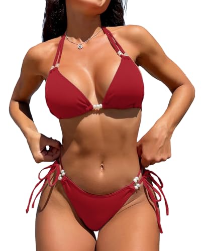 JFAN Damen Bikini Set Ties-up Neckholder Triangel Bikini mit Tanga String Low Waist Badeanzüg Zweiteiliger Sexy Swimsuit Strand,Rot,M JFAN Damen Bikini Set Ties-up Neckholder Triangel Bikini mit Tanga String Low Waist Badeanzüg Zweiteiliger Sexy Swimsuit Strand,Rot,M von JFAN