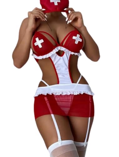 JFAN Damen Dessous Set Krankenschwester Kleidung Unterwäsche Mini Rock Tanga Set Dessous Damen Tüll Dessous Einheitsgröße-D von JFAN
