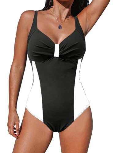 JFAN Damen Einteiler Badeanzug Rückenfreie V Knoten Einteiliger Badeanzug Bikini Figurformend Raffung Bademode Flowery Waist Schwimmanzug Schwarz und Weiß XXL von JFAN