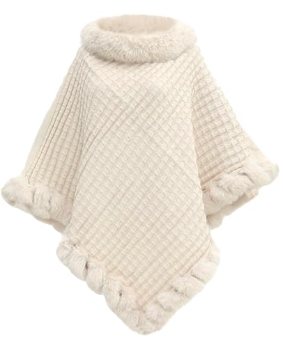 JFAN Damen Poncho Strick Cape Winter Warm Pullover Umhängetuch Elegante Strickponcho mit Kunstpelz Rundhal Beige von JFAN
