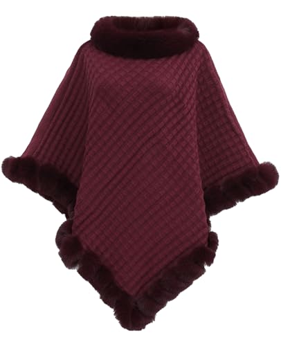 JFAN Damen Poncho Strick Cape Winter Warm Pullover Umhängetuch Elegante Strickponcho mit Kunstpelz Rundhal Burgunderrot von JFAN