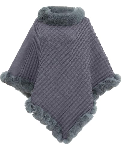 JFAN Damen Poncho Strick Cape Winter Warm Pullover Umhängetuch Elegante Strickponcho mit Kunstpelz Rundhal Grau von JFAN