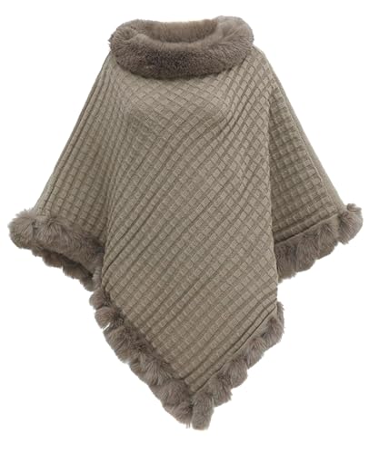 JFAN Damen Poncho Strick Cape Winter Warm Pullover Umhängetuch Elegante Strickponcho mit Kunstpelz Rundhal Khaki von JFAN