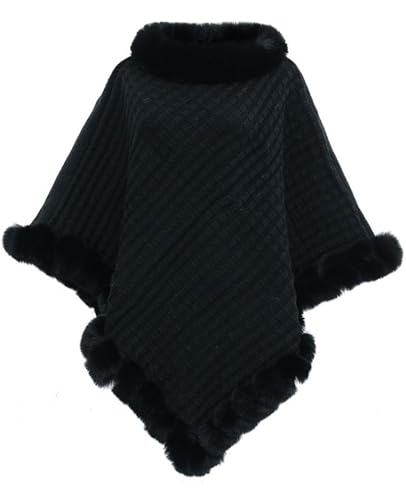 JFAN Damen Poncho Strick Cape Winter Warm Pullover Umhängetuch Elegante Strickponcho mit Kunstpelz Rundhal Schwarz von JFAN