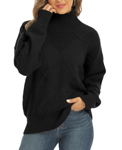 JFAN Damen Rollkragenpullover Mit Rhombus Retro Langarm Pullover Lose Casual Strickpullover Elegant Strickwaren Tops Schwarz XL von JFAN