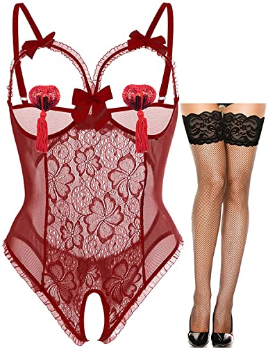 JFAN Damen Spitze Negligee Dessous Kleid V-Ausschnitt Babydoll Lingerie Dessous-Set Damen Sexy Mesh Bodysuit Nachtwäsche Unterwäsche von JFAN