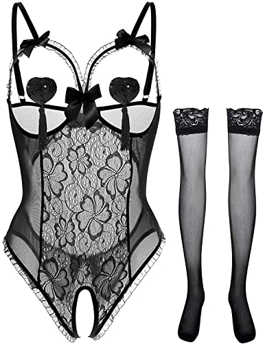 JFAN Damen Spitze Negligee Dessous Kleid V-Ausschnitt Babydoll Lingerie Dessous-Set Damen Sexy Mesh Bodysuit Nachtwäsche Unterwäsche von JFAN