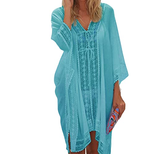 JFAN Damen Strandkleid Sommer Strandponcho Chiffon Rüschen Spitze Locker Strandurlaub Badeanzug Bikini Cover-Ups Kimono-Stil,Blau,One Size von JFAN