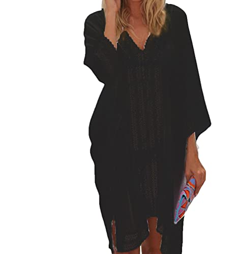 JFAN Damen Strandkleid Sommer Strandponcho Chiffon Rüschen Spitze Locker Strandurlaub Badeanzug Bikini Cover-Ups Kimono-Stil,Schwarz One Size von JFAN