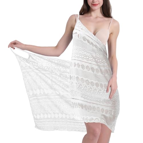 JFAN Damen Strandponcho Strandkleid Schulterfrei Sommer Strand hohl V-Ausschnitt Gestrickte Cover Up Strandurlaub Badeanzug Bikini Weiß Einheitsgröße von JFAN