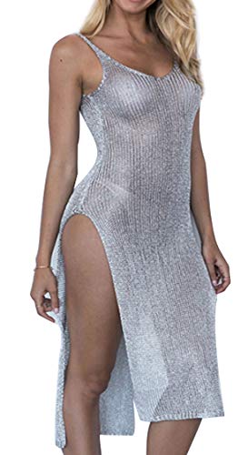 JFAN Damen Strandponcho Strandkleid V-Ausschnitt Sommerstrand Cover Up Kleines Kleid Silber von JFAN