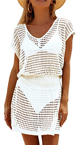 JFAN Damen V-Ausschnitt Strandkleid Bikini Cover Up Strandponcho Sommer Bademode Strand Vertuschen Strandkleid Lose Sarong Weiß One Size von JFAN