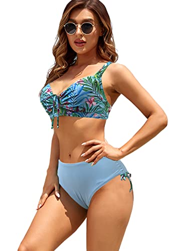 JFAN Damen Zweiteiliger Badeanzug mit Korsett Damen Bikinis Push Up Klassischer Blumen Bikini Set,Blau-M von JFAN