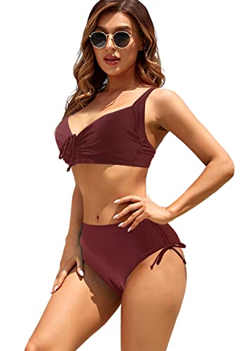 JFAN Damen Zweiteiliger Badeanzug mit Korsett Damen Bikinis Push Up Klassischer Blumen Bikini Set,Burgunderrot-M von JFAN