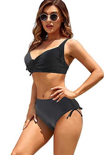 JFAN Damen Zweiteiliger Badeanzug mit Korsett Damen Bikinis Push Up Klassischer Blumen Bikini Set,Schwarz-XL von JFAN