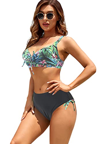 JFAN Damen Zweiteiliger Badeanzug mit Korsett Damen Bikinis Push Up Klassischer Blumen Bikini Set,Schwarzer Druck-L von JFAN