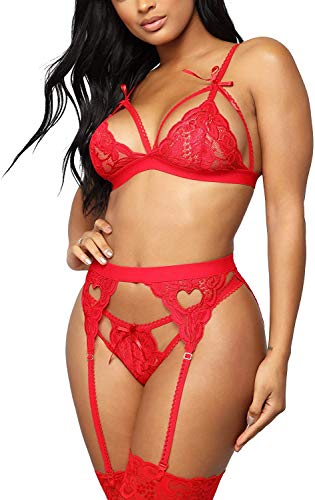 JFAN Dessous Damen Unterwäsche-Set aus Spitze Intimbekleidung mit V-Ausschnitt BH-Set 3 Stück Set Rot XL von JFAN