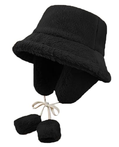 JFAN Fischerhut Damen Winter Plüsch Bucket Hat Fluffy Weiche Wärmer Eimer Hut für Mädchen Schwarz von JFAN