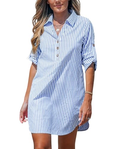 JFAN Frauen Hemdkleid V-Ausschnitt Knopf Blusenkleid Casual Schlieren Aufrollen Langarm Shirtkleid Blau M von JFAN