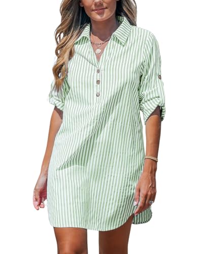 JFAN Frauen Hemdkleid V-Ausschnitt Knopf Blusenkleid Casual Schlieren Aufrollen Langarm Shirtkleid Grün M von JFAN