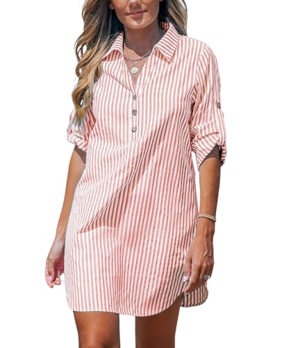 JFAN Frauen Hemdkleid V-Ausschnitt Knopf Blusenkleid Casual Schlieren Aufrollen Langarm Shirtkleid Rosa M von JFAN