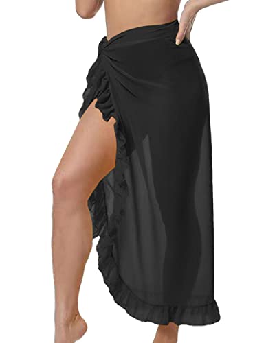 JFAN Frauen Pareo Meer Chiffon Strand Wrap Strand Wrap mit Rüschen Rand Baden Wrap für Frauen Bikini Cover Up,Schwarz,Einheitsgröße von JFAN