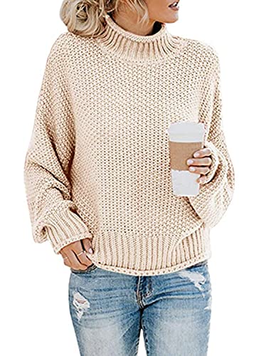 JFAN Frauen Rollkragen Strickpullover Übergröße Pullover Zwanglos Fledermaus Jumper Lange Ärmel Gestrickt Winter Damen Top(Aprikose,M) von JFAN