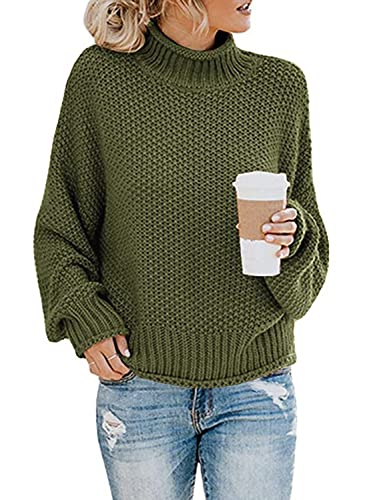 JFAN Frauen Rollkragen Strickpullover Übergröße Pullover Zwanglos Fledermaus Jumper Lange Ärmel Gestrickt Winter Damen Top(Grün,L) von JFAN