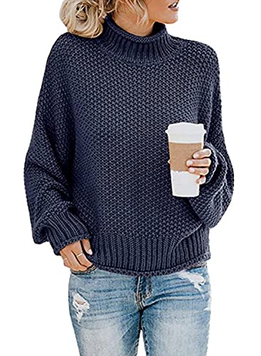 JFAN Frauen Rollkragen Strickpullover Übergröße Pullover Zwanglos Fledermaus Jumper Lange Ärmel Gestrickt Winter Damen Top(Navy blau,M) von JFAN