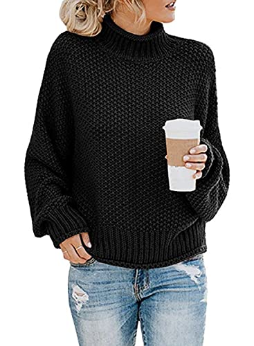 JFAN Frauen Rollkragen Strickpullover Übergröße Pullover Zwanglos Fledermaus Jumper Lange Ärmel Gestrickt Winter Damen Top(Schwarz,S) von JFAN
