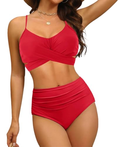 JFAN Frauen Rüschen Bikini Set Kreuz Wrap Push Up Top hohe Taille unten Krawatte zurück 34 Stück Badeanzug Rot,S von JFAN
