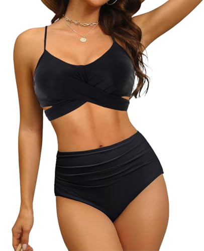 JFAN Frauen Rüschen Bikini Set Kreuz Wrap Push Up Top hohe Taille unten Krawatte zurück 38 Stück Badeanzug Schwarz,S von JFAN