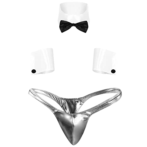 JFAN Herren Strings Tanga Barkeeper kostüm Herren Unterwäsche für Herren Mit Tanga, Bündchen und Fliege Silber Einheitsgröße von JFAN