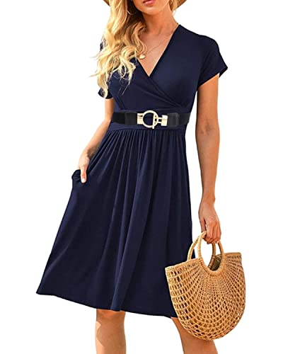 JFAN Kleid Damen Hochtailliertes Kleid mit V-Ausschnitt und Gürtel Freizeitkleider für Damen Casual Navy M von JFAN