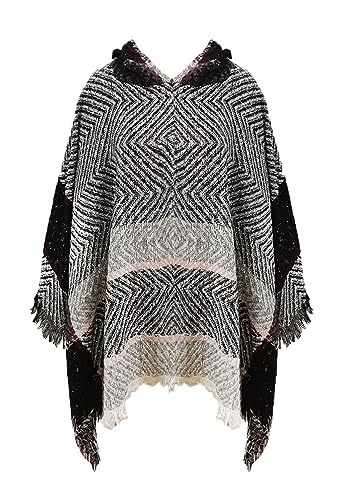 JFAN Knitted Ponchos with Fringes for Women Strick Ponchos Capes Hooded Scarf Warm Poncho（Hellgrau，Einheitsgröße） von JFAN