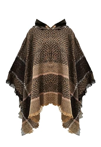 JFAN Knitted Ponchos with Fringes for Women Strick Ponchos Capes Hooded Scarf Warm Poncho（Kaffee，Einheitsgröße） von JFAN