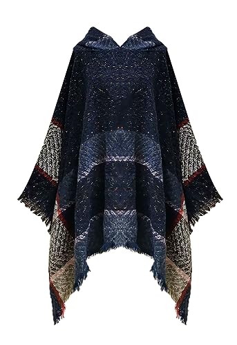 JFAN Knitted Ponchos with Fringes for Women Strick Ponchos Capes Hooded Scarf Warm Poncho（Marineblau，Einheitsgröße） von JFAN