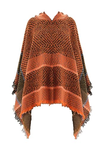 JFAN Knitted Ponchos with Fringes for Women Strick Ponchos Capes Hooded Scarf Warm Poncho（Orange，Einheitsgröße） von JFAN