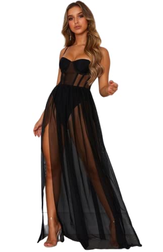 JFAN Mesh Langes Kleid für Frauen Transparente Dessous Langes Kleid Sexy Ärmellos Prom Queen Langes Kleid（Schwarz） von JFAN