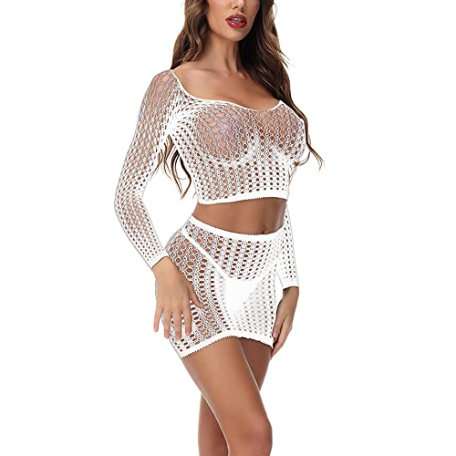 JFAN Netzkleider Damen Dessous Mesh Dessous Set NachtwäSche UnterwäSche Fischnetz Lingerie Bodysuit Dessous für Frau Einheitsgröße Weiß Einheitsgröße von JFAN