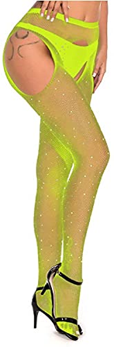 JFAN Netzstrumpfhose Damen Hochtaillierte Netzstrümpfe mit Glitzernden Diamanten Schwarz Strumpfhosen Clubwear Gelb von JFAN
