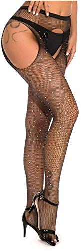 JFAN Netzstrumpfhose Damen Hochtaillierte Netzstrümpfe mit Glitzernden Diamanten Schwarz Strumpfhosen Clubwear Schwarz von JFAN