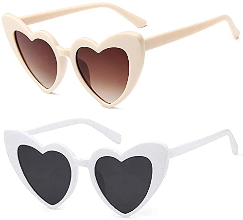 JFAN Party Brille Herz Sonnenbrille Retro Sonnenbrille Herzform FüR Damen Partei Sonnenbrille Vintage Mode üBergro?E Klassische Glasses Erwachsener Beige + Weiß von JFAN