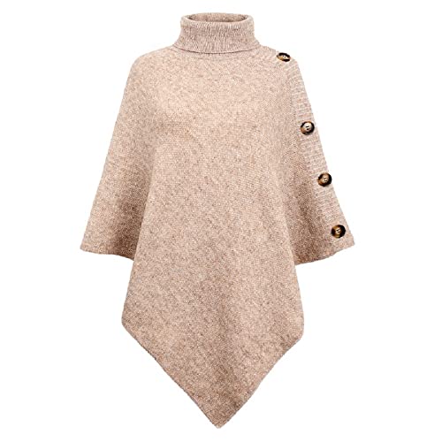 JFAN Poncho Damen Elegant Strick Umhang mit Hohem Kragen und Vier Knöpfen Herbst/Winter Beige von JFAN