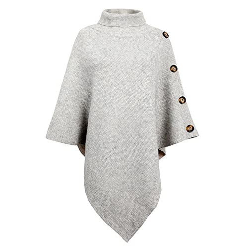 JFAN Poncho Damen Elegant Strick Umhang mit Hohem Kragen und Vier Knöpfen Herbst/Winter Grau von JFAN