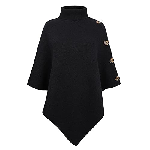 JFAN Poncho Damen Elegant Strick Umhang mit Hohem Kragen und Vier Knöpfen Herbst/Winter Schwarz von JFAN